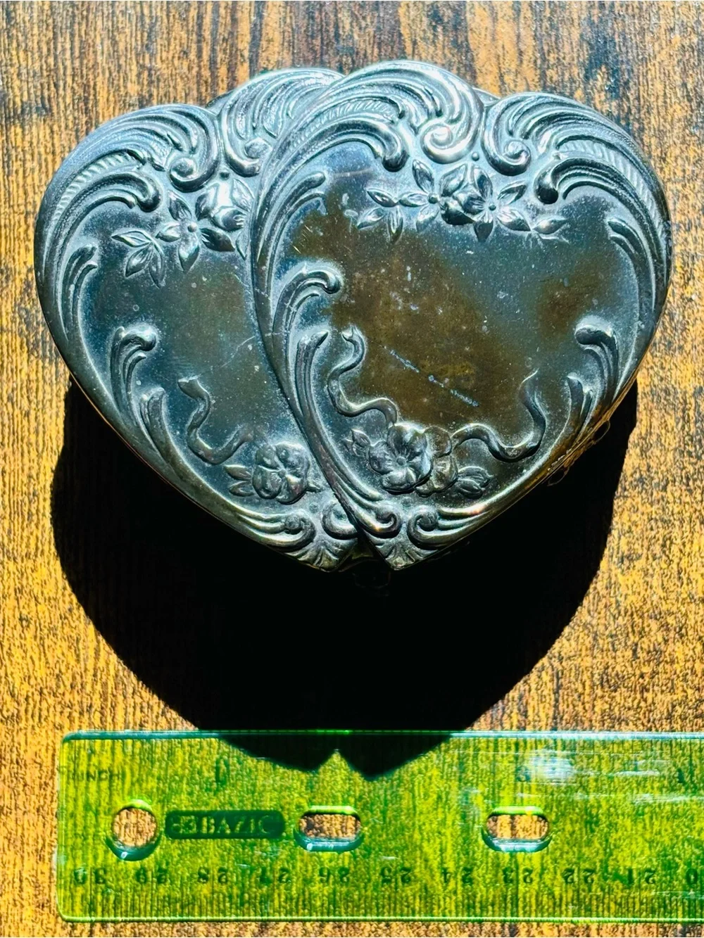 Vintage Double Heart-Shaped Metal Trinket Box with felt lining- Scroll Design